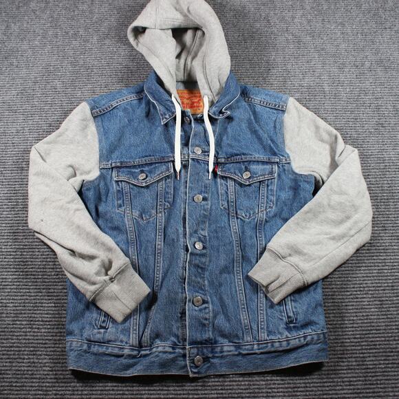 Levi’s Hooded Trucker Jean Jacket Mens M Blue Denim Gray Fleece Sleeves - Picture 1 of 8